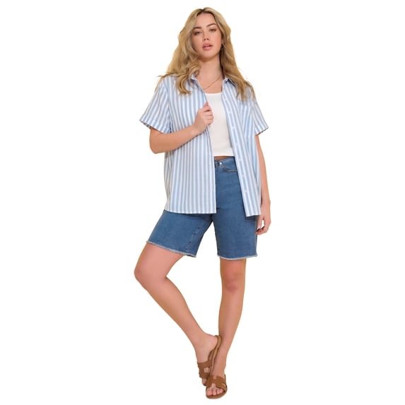 Roaman's Women's Plus Size Linen-Blend Short Sleeve Button-Front Shirt