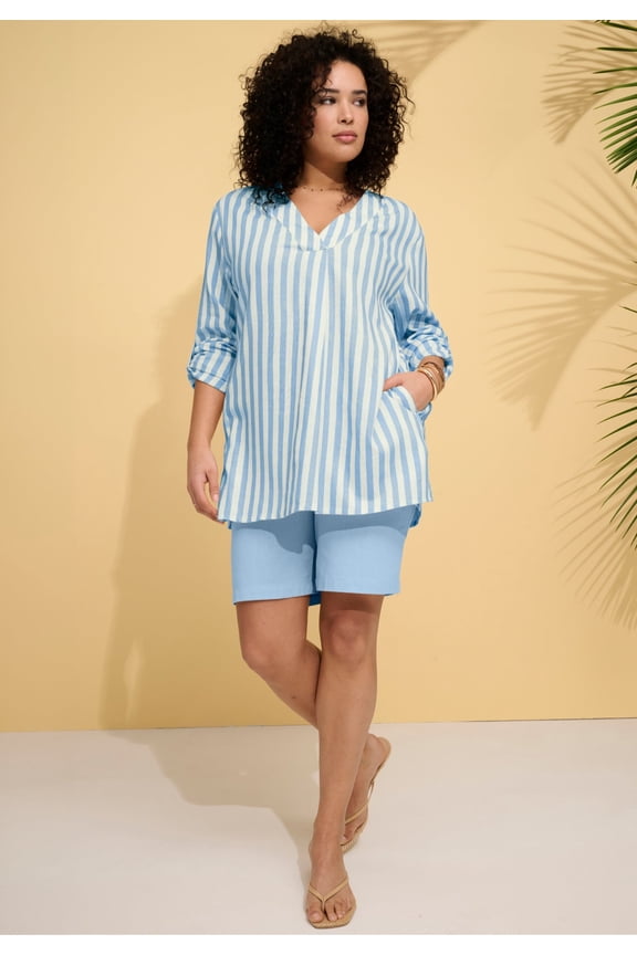 Women's Plus Size Linen-Blend Y-Neck Roll-Tab Sleeve Tunic