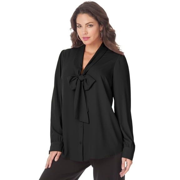 Roaman's Women's Plus Size Long Sleeve Bow Blouse