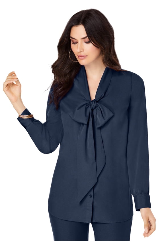 Women's Plus Size Long Sleeve Bow Blouse