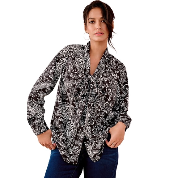 Roaman's Women's Plus Size Long Sleeve Bow Blouse