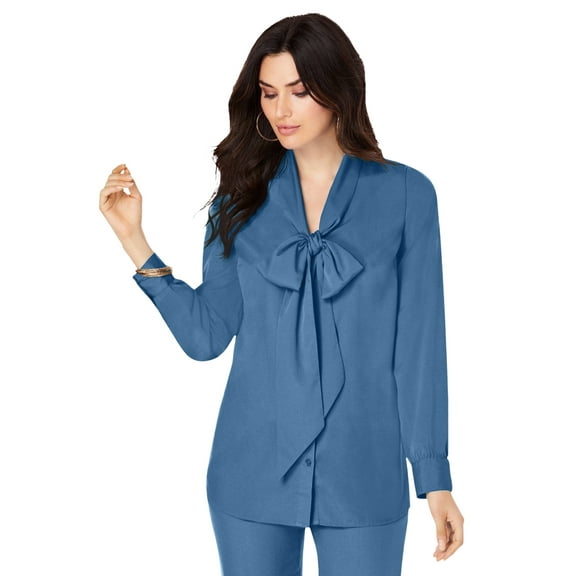 Roaman's Women's Plus Size Long Sleeve Bow Blouse