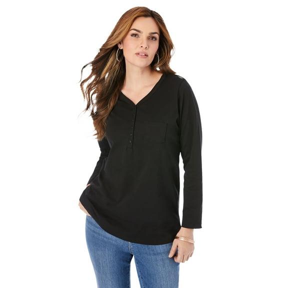 Roaman's Women's Plus Size Ultimate Long Sleeve Henley Tee With Sweetheart Neck