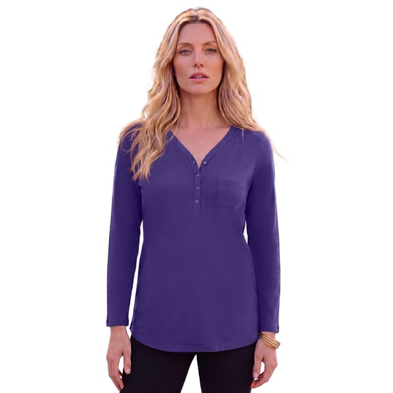 Roaman's Women's Plus Size Long Sleeve Sweetheart Henley Tee