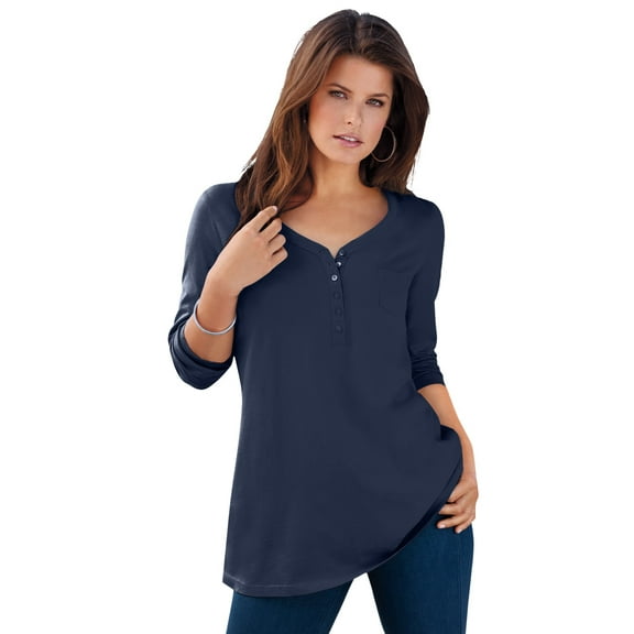 Roaman's Women's Plus Size Ultimate Long Sleeve Henley Tee With Sweetheart Neck