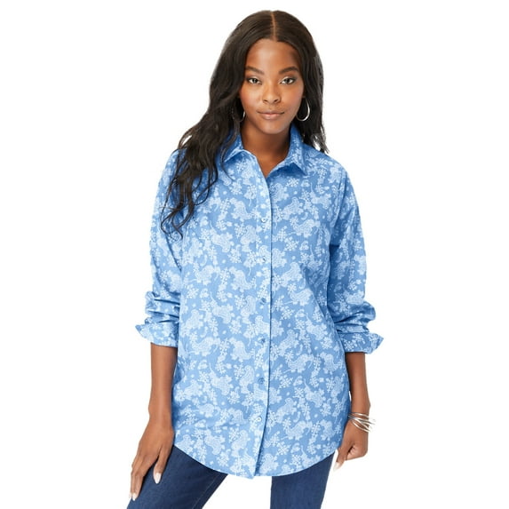 Roaman's Women's Plus Size Kate Long Sleeve Easy Cotton-Blend Button-Front Shirt