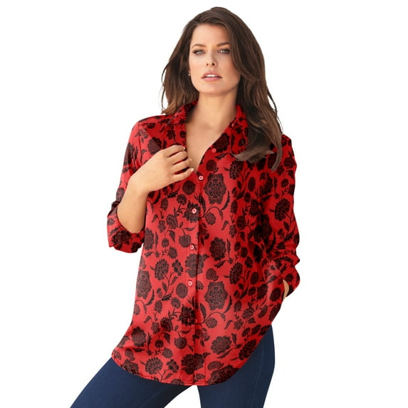 Roaman's Women's Plus Size Kate Long Sleeve Easy Cotton-Blend Button-Front Shirt