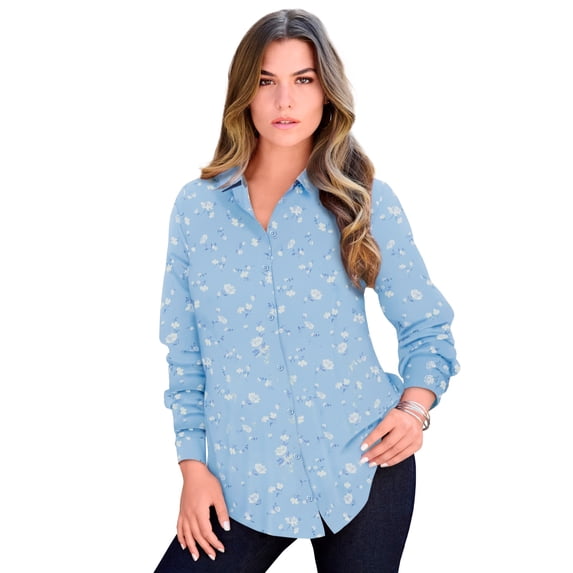 Roaman's Women's Plus Size Kate Long Sleeve Easy Cotton-Blend Button-Front Shirt