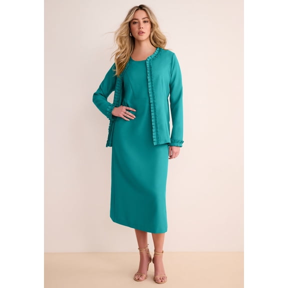 Roaman's Women's Plus Size Long Sleeve Pleated Jacket Dress Set – Elegant 2-Piece Sheath Suit