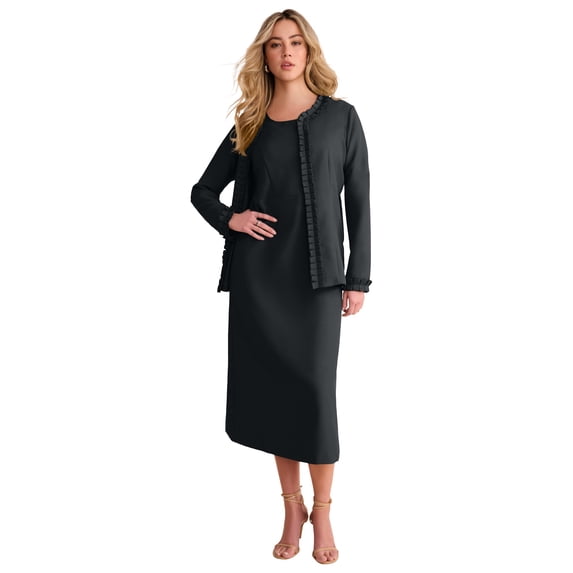 Roaman's Long Sleeve Pleated Jacket Dress Set – 2-Piece Sheath Suit