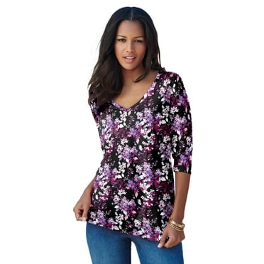 Roaman's Women's Plus Size Ultimate Long Sleeve V Neck Tee