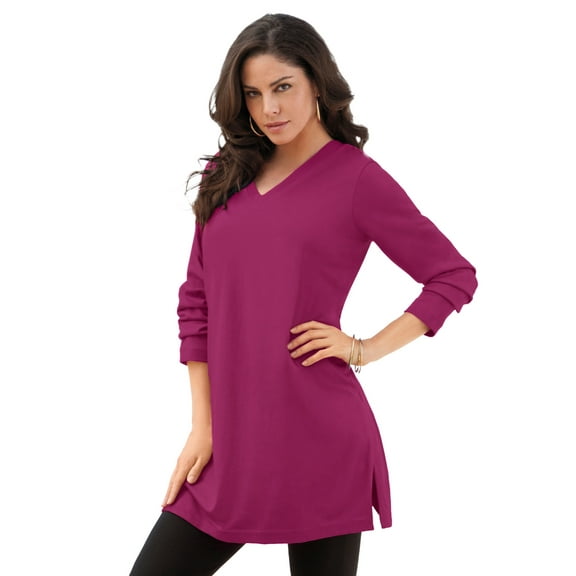 Roaman's Women's Plus Size Cotton Ultimate Long Sleeve V-Neck Tunic