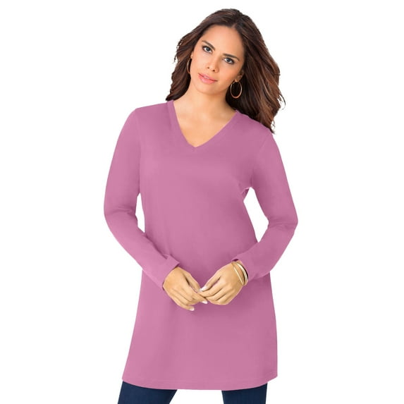 Roaman's Women's Plus Size Cotton Ultimate Long Sleeve V-Neck Tunic