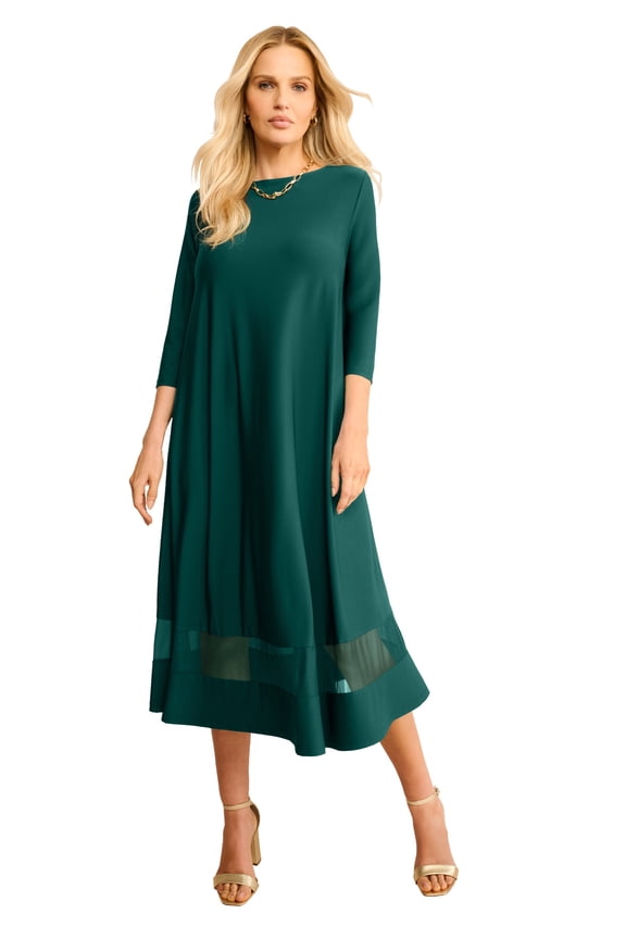 Women's Plus Size 3/4 Sleeve Mesh Inset Boatneck Dress