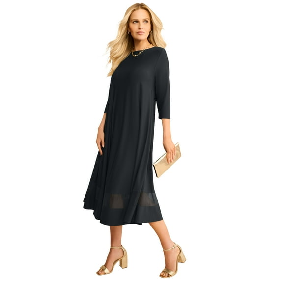 Roaman's Women's Plus Size 3/4 Sleeve Mesh Inset Boatneck Dress