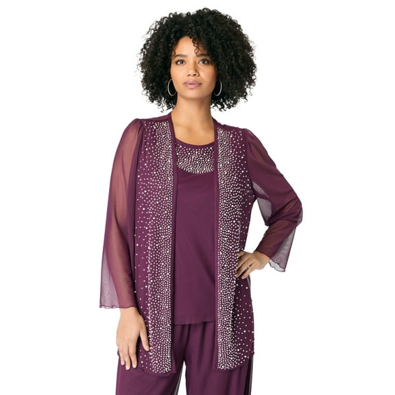 Roaman's Women's Plus Size Mesh Overlay Cardigan And Tank Set.