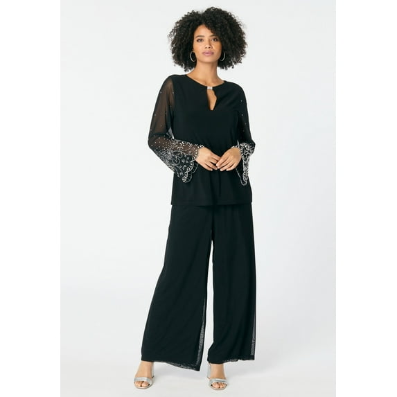 Roaman's Women's Plus Size Mesh Overlay Embellished Top