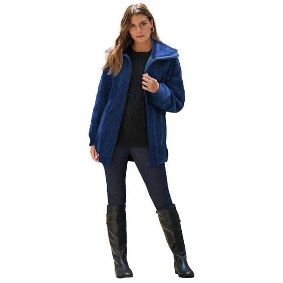Roaman's Women's Plus Size High Collar Teddy Fleece Bomber