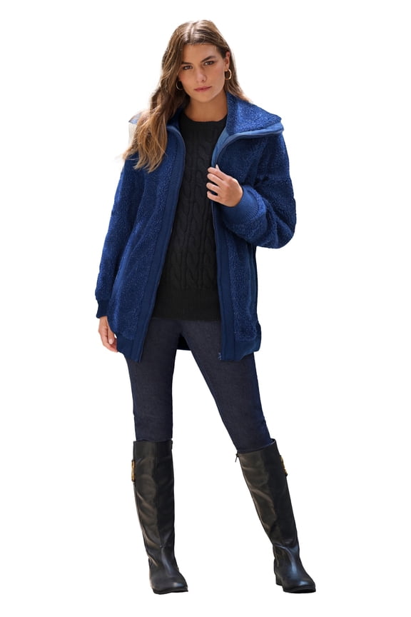 Women's Plus Size High Collar Teddy Fleece Bomber