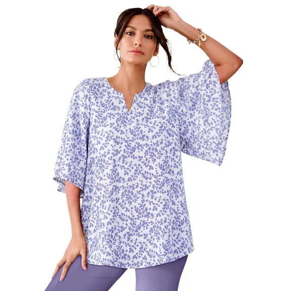 Roaman's Women's Plus Size Notch-Neck Flutter-Sleeve Blouse