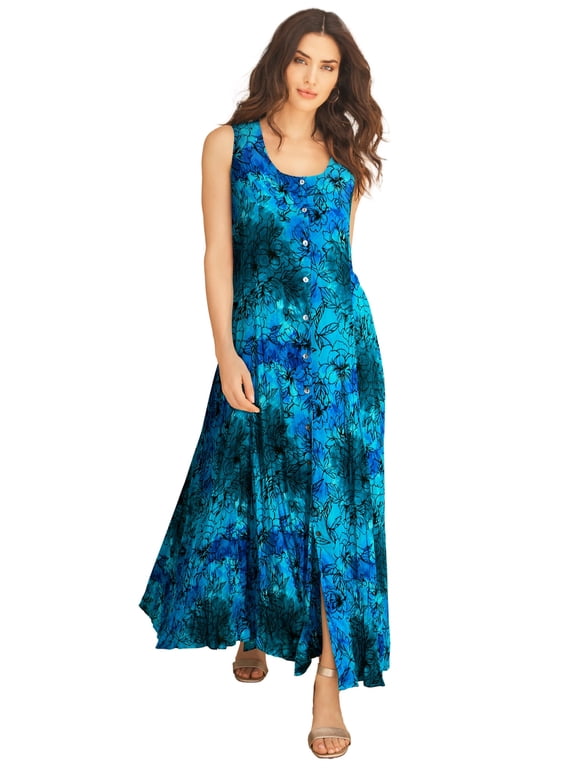 Women's Plus Size Sleveless Hand-Crinkled Button-Front A-Line Maxi – Curvy Breezy Dress