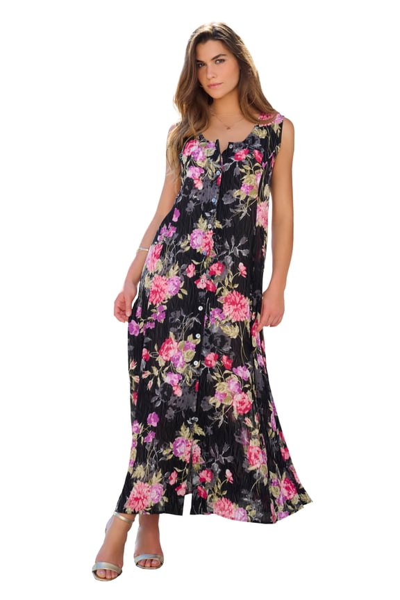 Women's Plus Size Plus Size Sleveless Hand-Crinkled Button-Front A-Line Maxi – Curvy Breezy Dress
