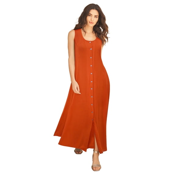 Roaman's Women's Plus Size Petite Plus Size Sleveless Hand-Crinkled Button-Front A-Line Maxi – Curvy Breezy Dress