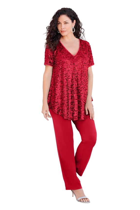 Women's Plus Size Petite Extended Plus Size 2 Piece S/S Sequin Top And Pant Set