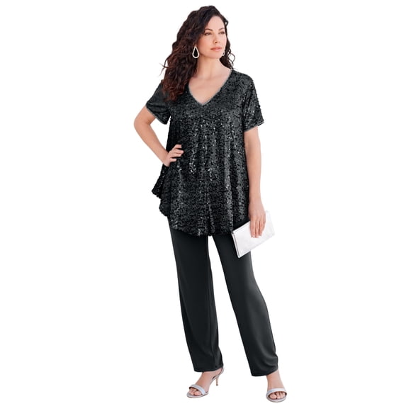 Roaman's Women's Plus Size Petite Extended Plus Size 2 Piece S/S Sequin Top And Pant Set