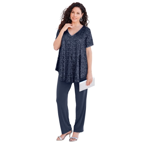 Roaman's Women's Plus Size Petite Extended Plus Size 2 Piece S/S Sequin Top And Pant Set