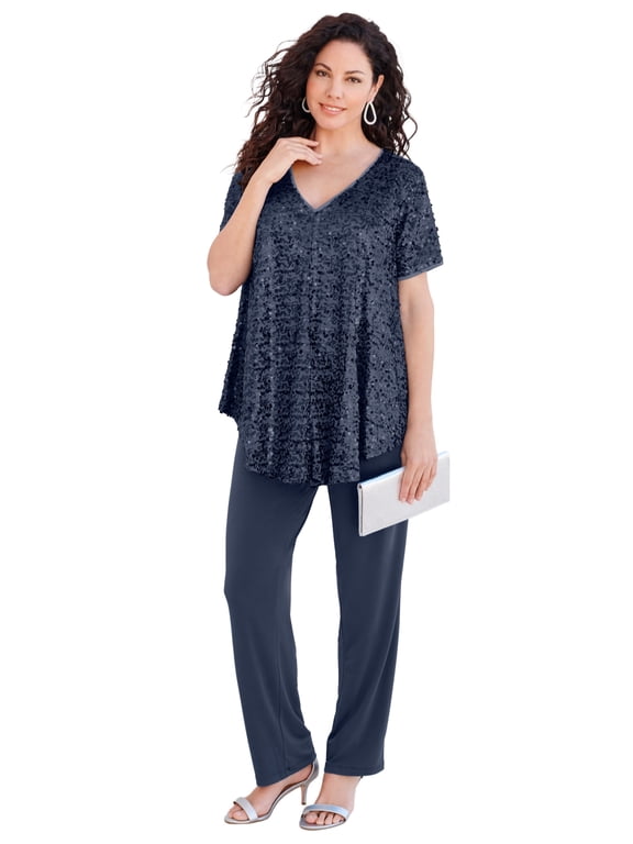 Women's Plus Size Petite Extended Plus Size 2 Piece S/S Sequin Top And Pant Set