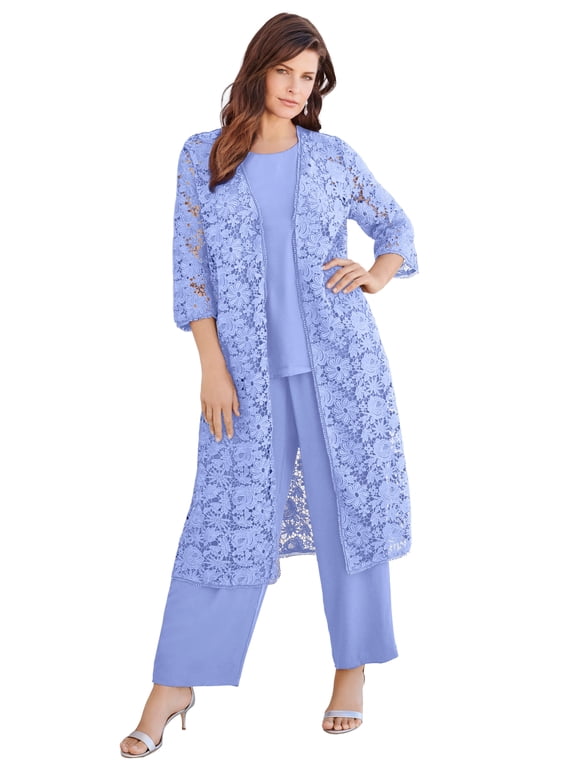Women's Plus Size Petite Extended Plus Size 3-Piece Allover Lace Duster Pant Set Formal Wear