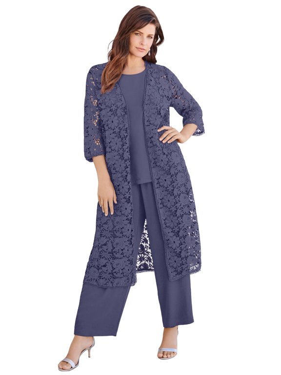Women's Plus Size Petite Extended Plus Size 3-Piece Allover Lace Duster Pant Set – Formal Wear