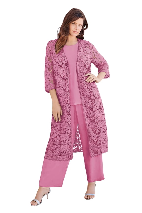 Women's Plus Size Petite Extended Plus Size 3-Piece Allover Lace Duster Pant Set – Formal Wear