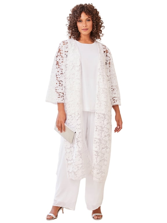 Women's Plus Size Petite Extended Plus Size 3-Piece Allover Lace Duster Pant Set – Formal Wear