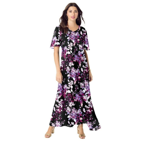 Roaman's Women's Plus Size Petite Plus Size Hand Crinkled Flutter-Sleeve Maxi Dress