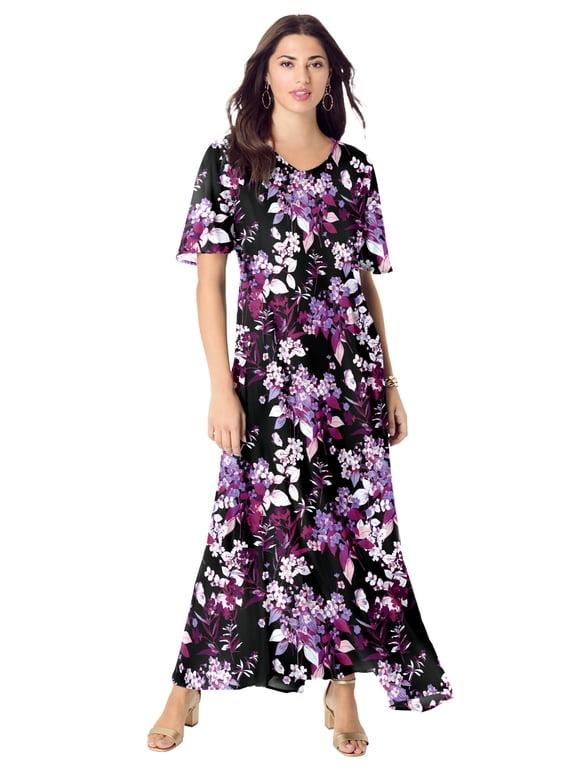 Women's Plus Size Hand Crinkled Flutter-Sleeve Maxi Dress