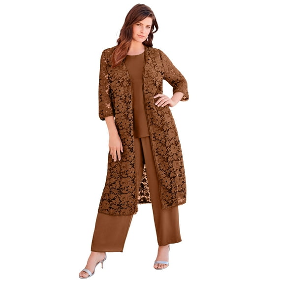 Roaman's Women's Plus Size Petite Lace Duster Pant Set