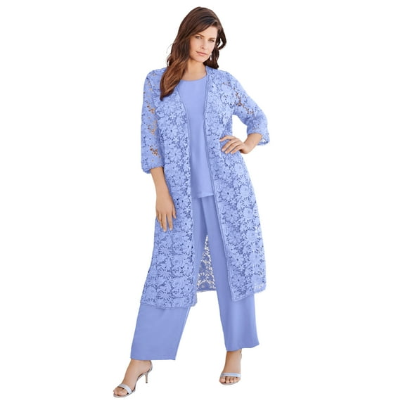 Roaman's Women's Plus Size Petite Plus Size 3-Piece Allover Lace Duster Pant Set – Formal Wear