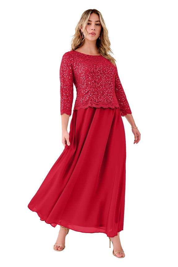 Women's Plus Size Petite Plus Size Sparkle Lace Popover A-Line Gown With 3/4 Sleeves