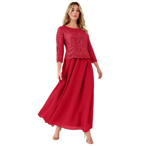 Roaman's Women's Plus Size Petite Plus Size Sparkle Lace Popover A-Line Gown With 3/4 Sleeves