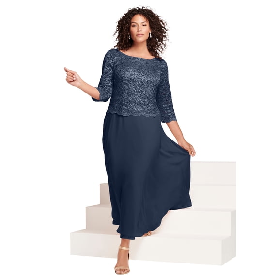 Roaman's Women's Plus Size Petite Plus Size Sequin Lace Three Quarter Sleeve A-Line Gown