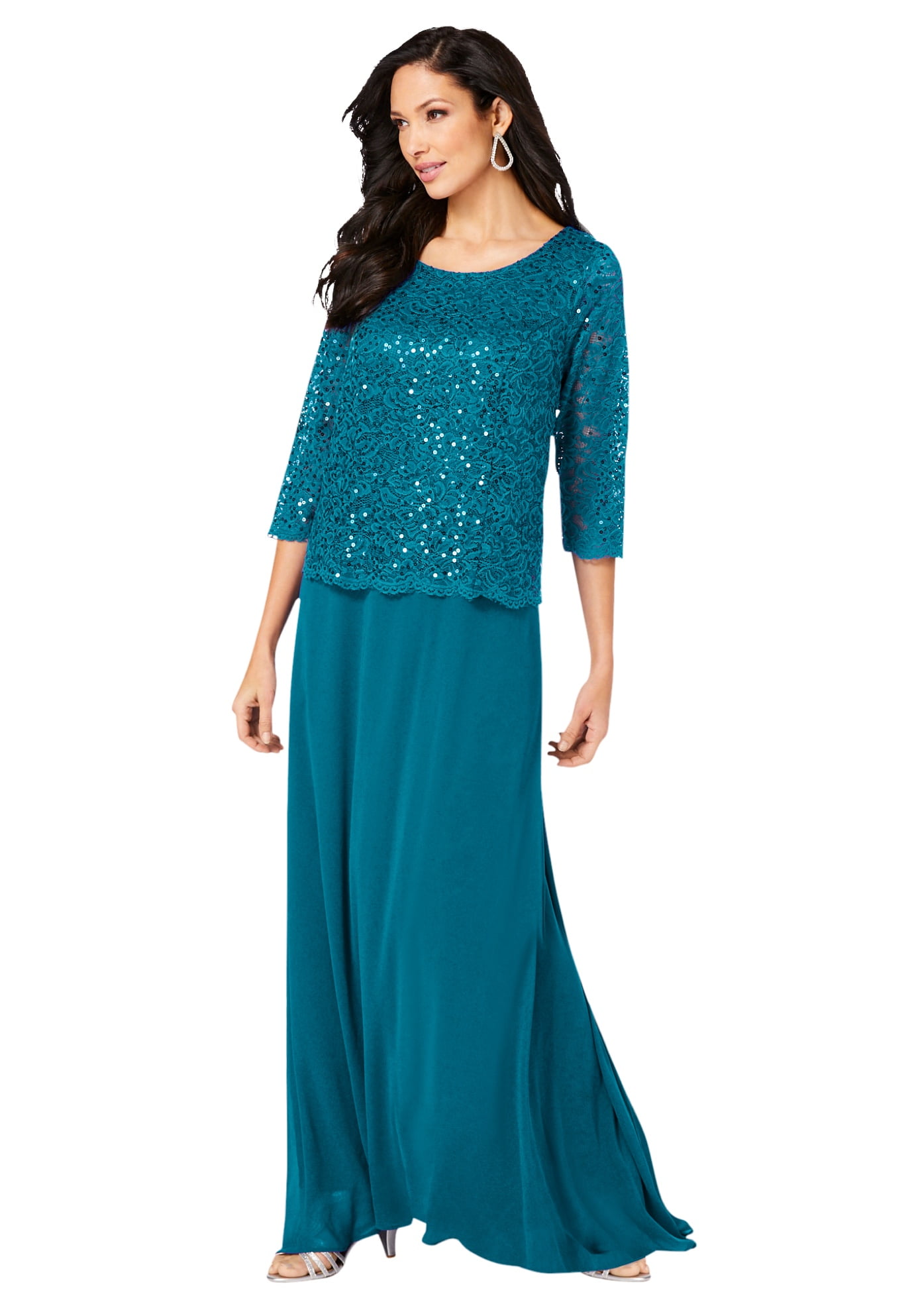 Roaman's Women's Plus Size Petite Plus Size Sequin Lace Three Quarter Sleeve  A-Line Gown - Walmart.com