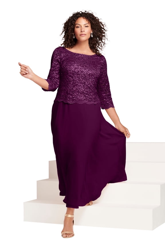 Women's Plus Size Petite Plus Size Sparkle Lace Popover A-Line Gown With 3/4 Sleeves