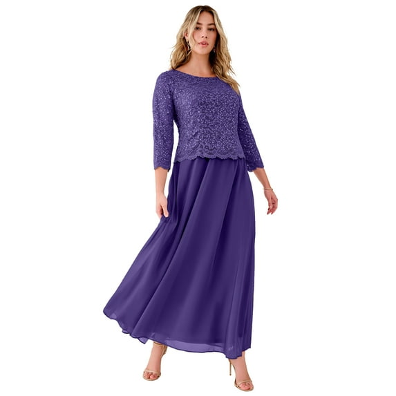 Roaman's Women's Plus Size Petite Plus Size Sparkle Lace Popover A-Line Gown With 3/4 Sleeves