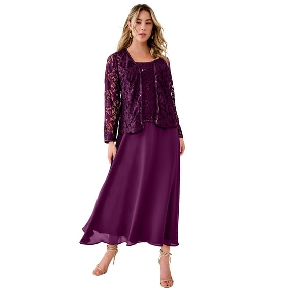 Roaman's Women's Plus Size Petite Plus-Size 2 Piece Long Sleeve Embellished Lace Jacket And Full Gown