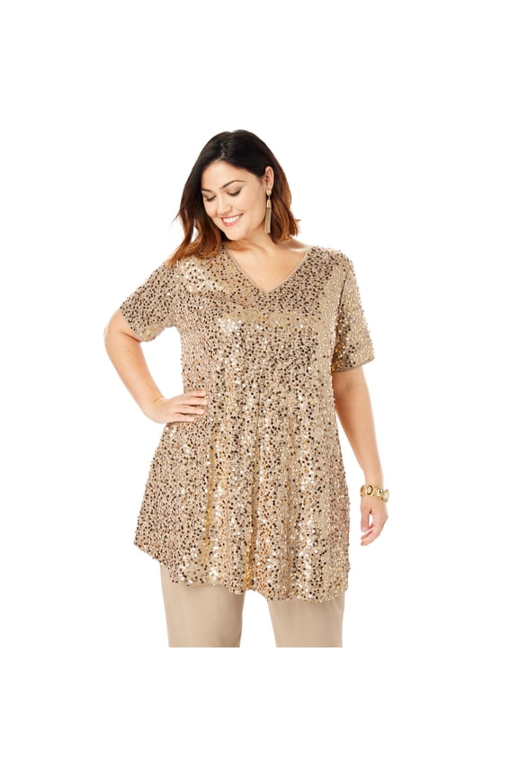 Women's Plus Size Petite Plus-Size 2 Piece S/S Sequin Top And Pant Set