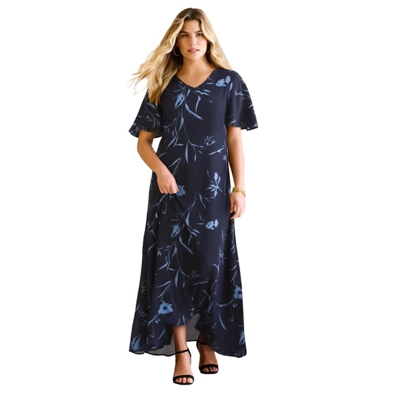 Roaman's Women's Plus Size Petite Plus Size Hand Crinkled Flutter-Sleeve Maxi Dress