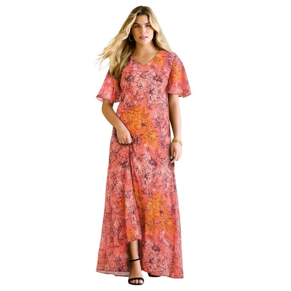 Roaman's Women's Plus Size Petite Plus Size Hand Crinkled Flutter-Sleeve Maxi Dress