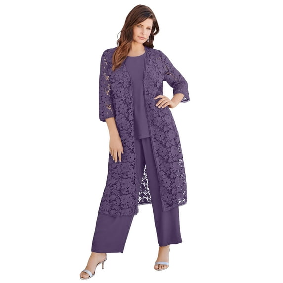 Roaman's Women's Plus Size Petite Plus Size 3-Piece Allover Lace Duster Pant Set – Formal Wear
